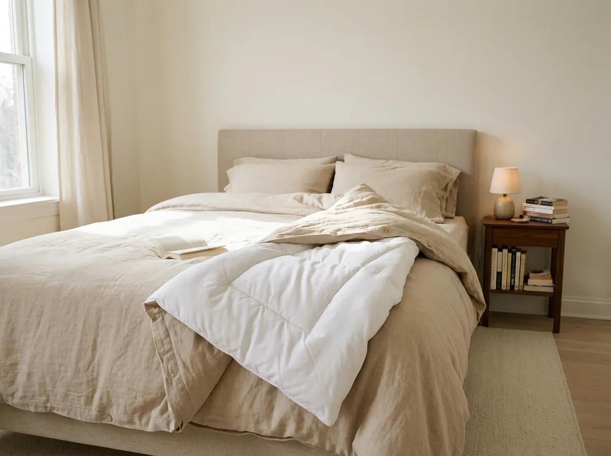 White down alternative duvet insert lofting thickly under a pulled-back cover on a queen bed, the base layer behind most cozy bedding ideas