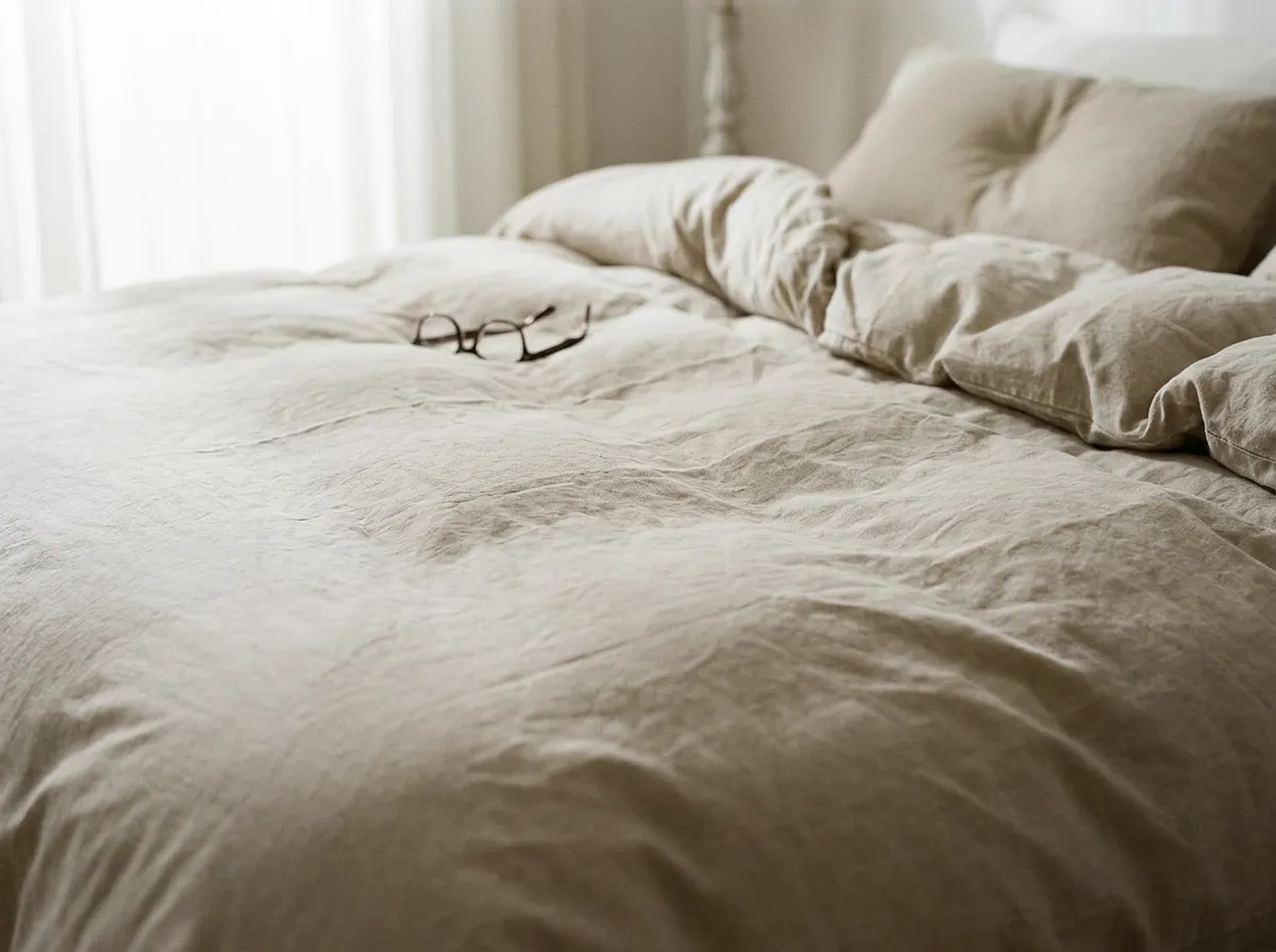 Oatmeal washed cotton duvet cover with soft rumpled texture on a queen bed in morning light, showing neutral color cozy bedding ideas