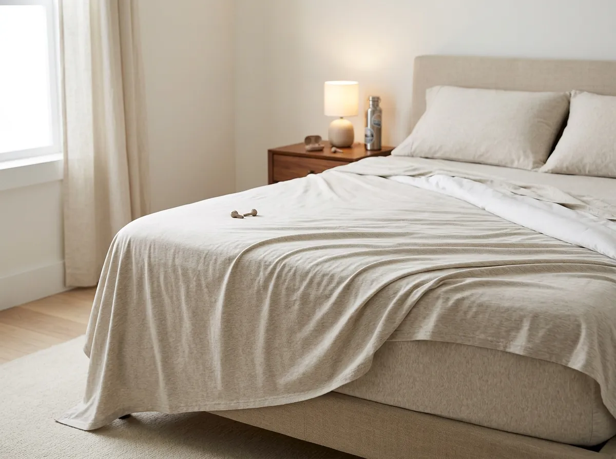 Oatmeal jersey knit sheet set on a queen bed with the duvet folded back at the corner, the warm base layer in winter cozy bedding ideas