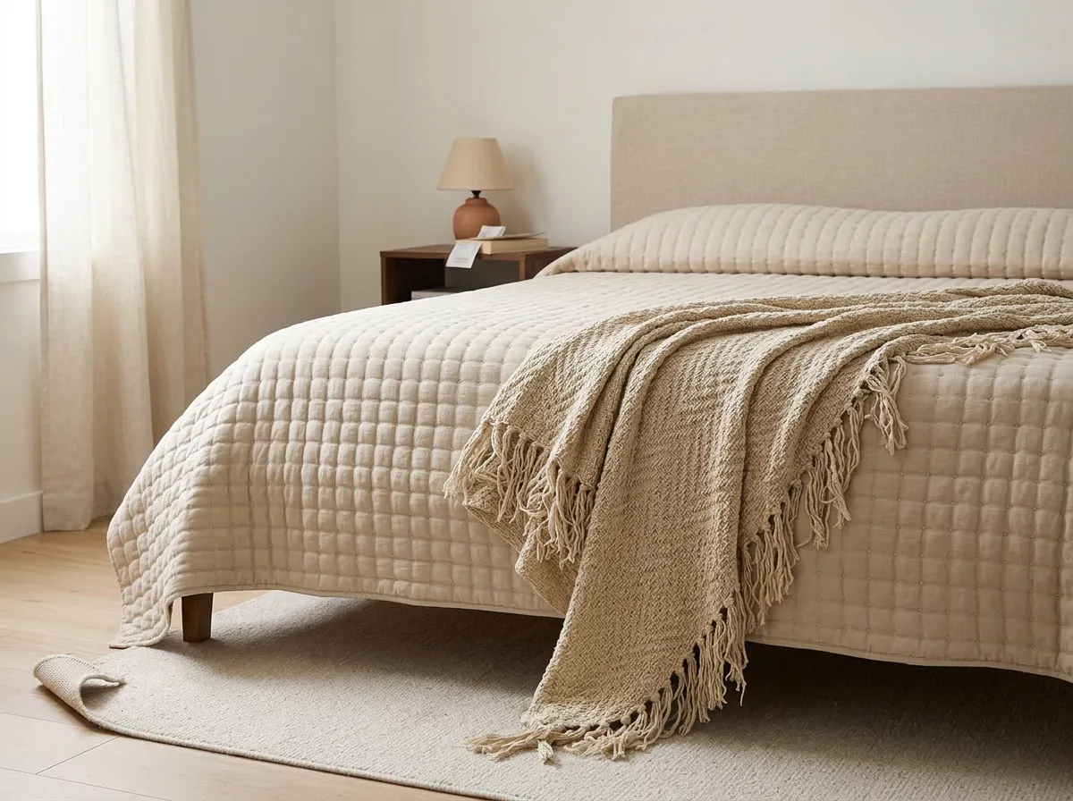 Beige textured quilt folded across the foot of a bed with a knitted fringe throw draped diagonally over one corner, showing how to layer cozy bedding ideas