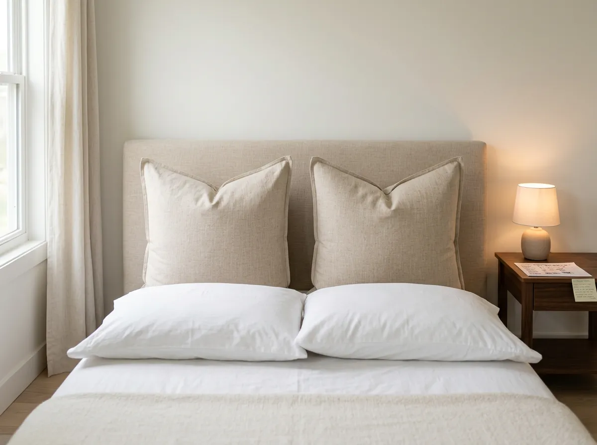 Two natural beige euro sham pillows standing upright against the headboard behind flat sleeping pillows on a made bed, the finishing layer in cozy bedding ideas