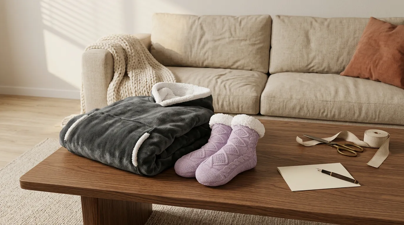Wearable sherpa hoodie, fuzzy socks, a tea sampler box and a jigsaw puzzle gathered on a walnut table in warm evening light, an assembled set of cozy gifts