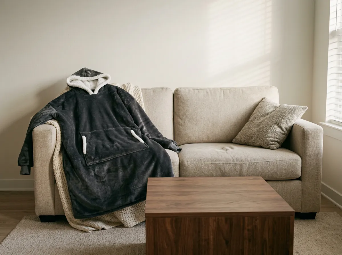 Oversized sherpa wearable blanket hoodie draped over the arm of a pale sofa in warm lamplight, the anchor piece in a set of cozy gifts
