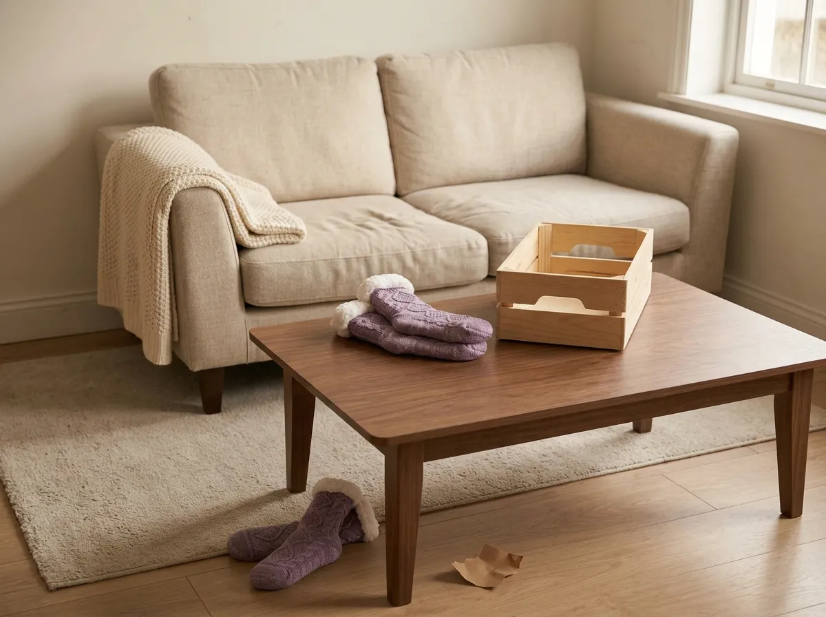 Fuzzy grip-sole slipper socks folded beside a shallow woven basket on a wooden floor, showing how to build a cozy night in gift basket