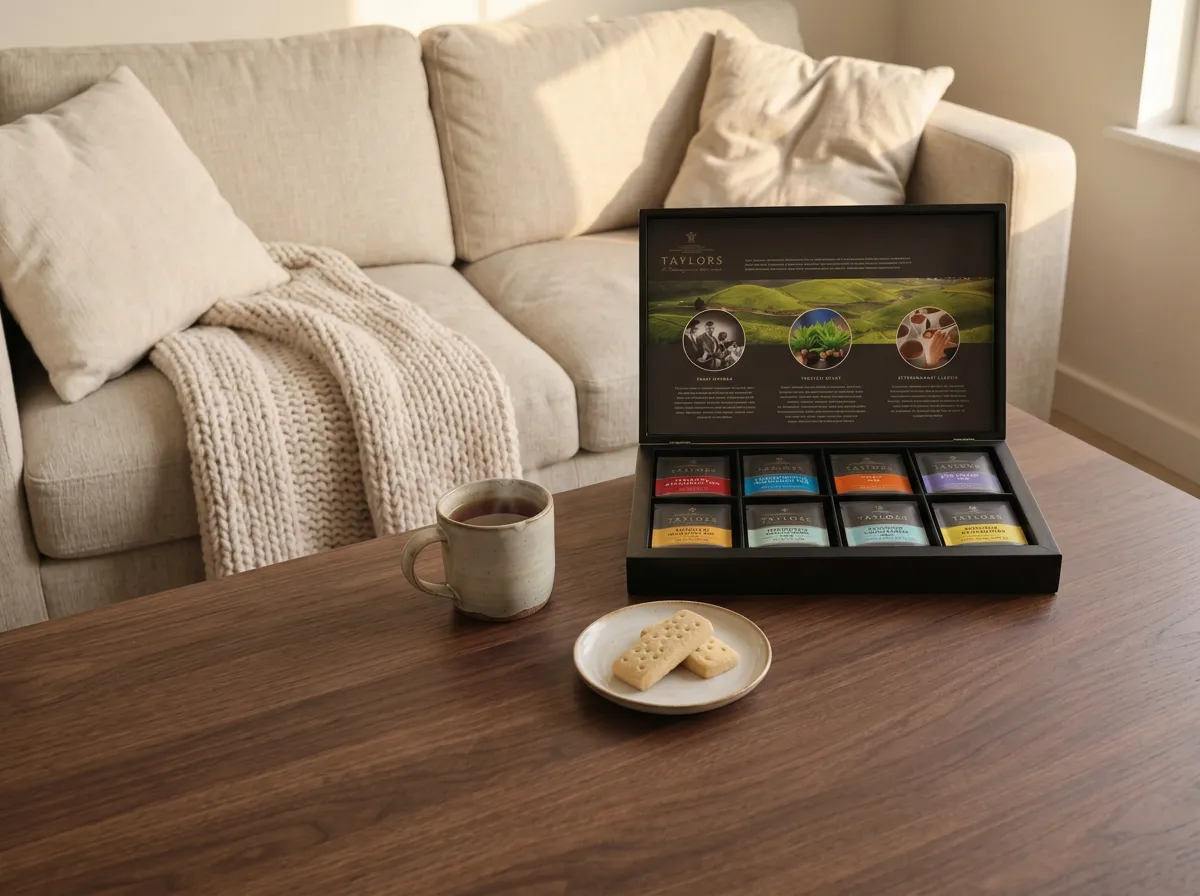 Open assorted tea sampler box with individually wrapped sachets beside a stoneware mug on a walnut surface, the drink component of a set of cozy gifts