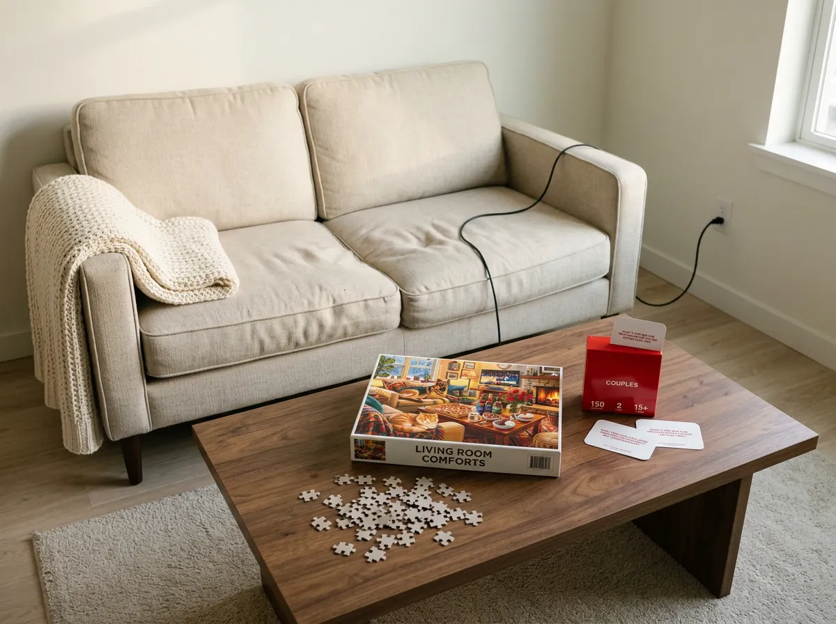 Partly finished 1000 piece jigsaw puzzle of a cozy living room spread on a low table with a card game deck beside it, the activity part of a set of cozy gifts