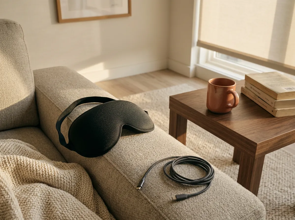 Contoured weighted sleep mask resting on folded bedding beside a dim bedside lamp, the wind-down piece in a set of cozy gifts