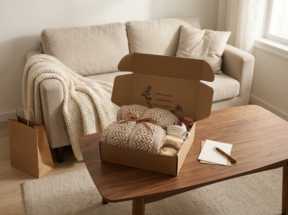Ready-made cozy self care gift box arranged with a blanket, socks and candle in a presentation box, the shipping option for cozy gifts