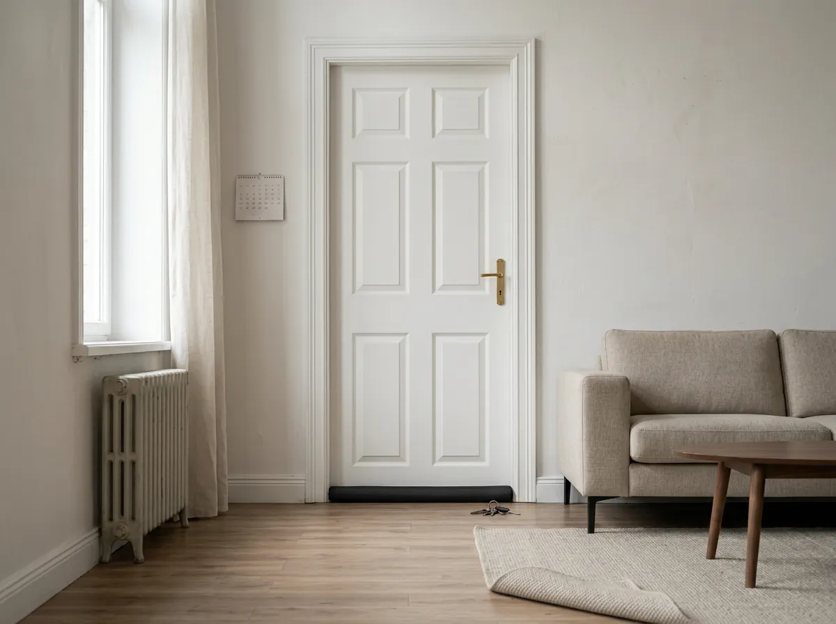 Fabric draft stopper along the bottom of an apartment door with warm light on the floorboards, a renter-friendly cozy living room idea for cold floors