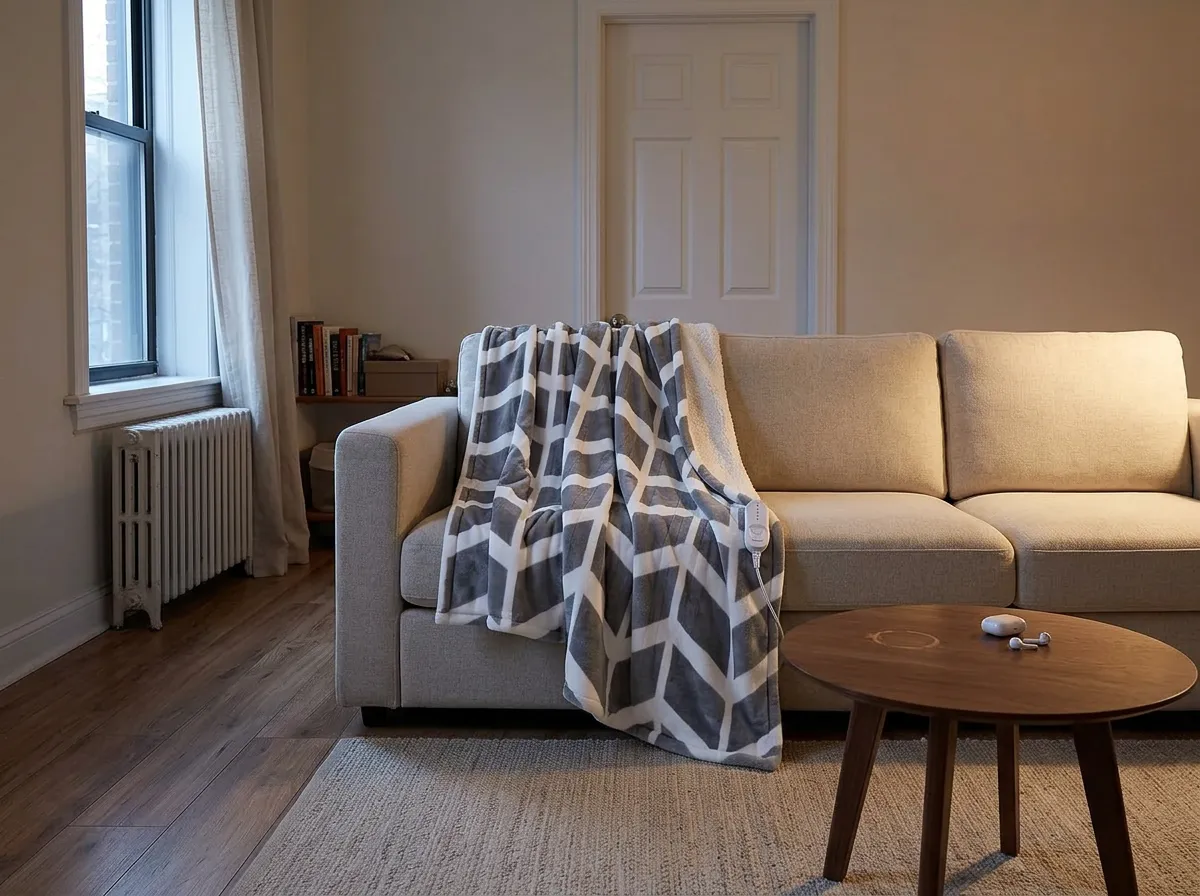 Heated throw blanket draped over the corner of a cream sofa in a small apartment living room, a practical cozy living room idea for winter evenings