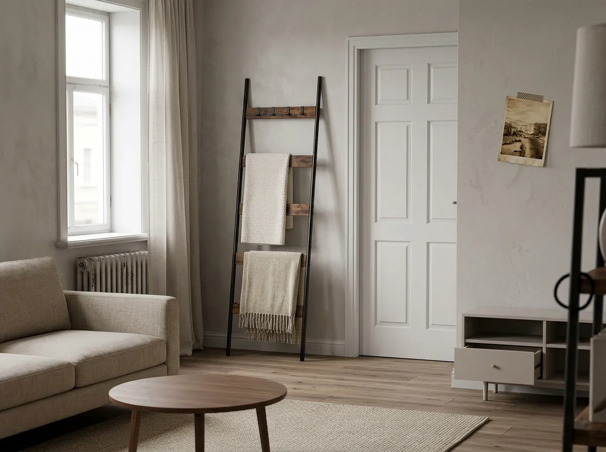 Wooden blanket ladder leaning against a wall beside a sofa holding two folded throws, a no-drill cozy living room idea for renters