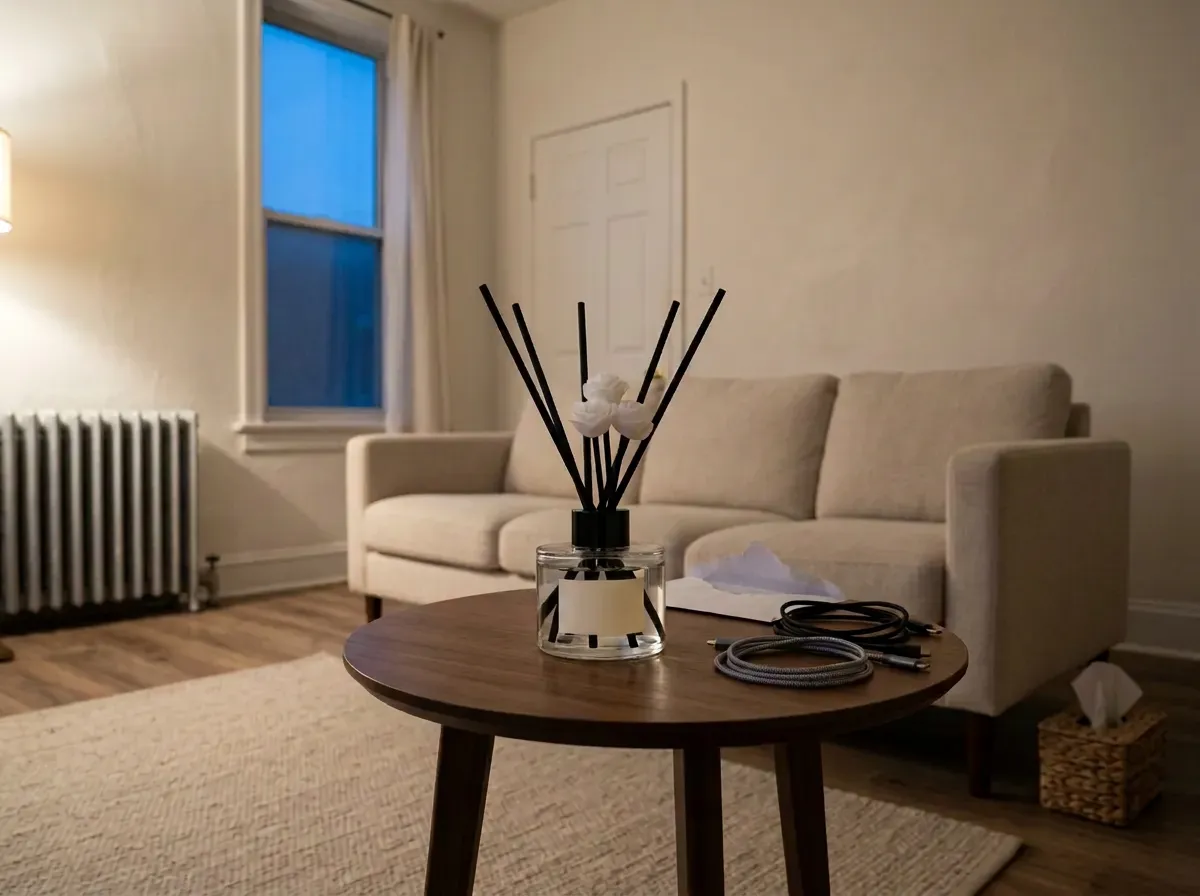 Reed diffuser with rattan sticks on a side surface in a warm neutral living room, a flame-free cozy living room idea for rentals that ban candles