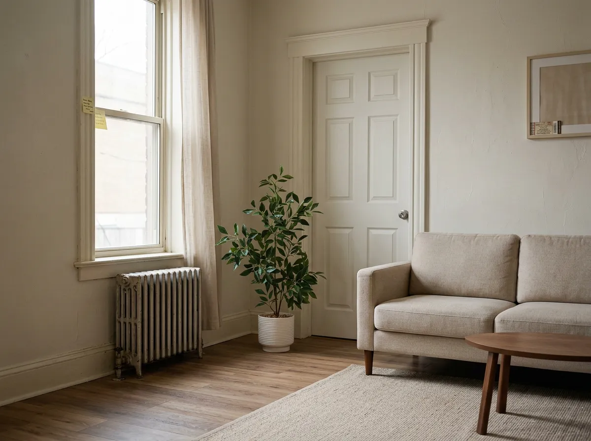 Faux ficus tree in a ceramic pot filling an empty corner of a small living room near a window, a low-light cozy living room idea for renters