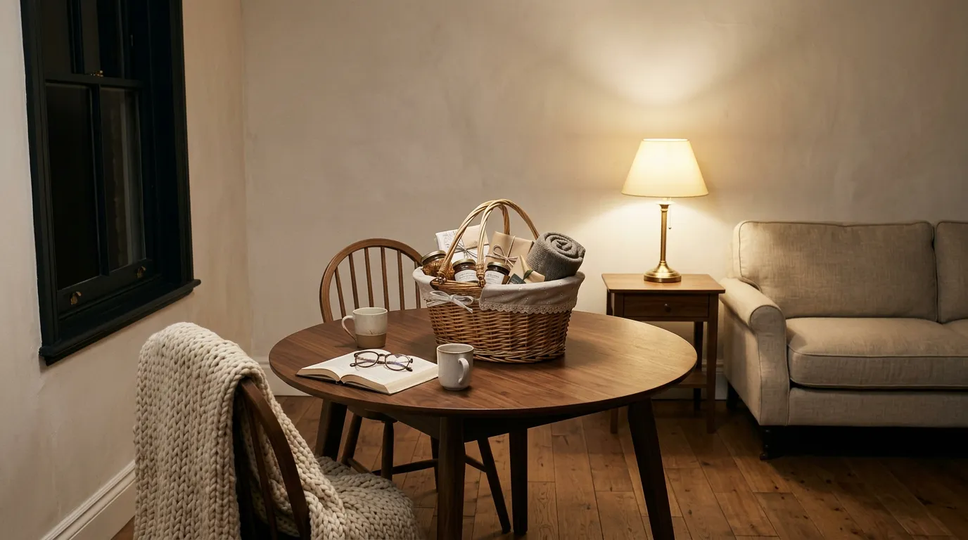 Wicker basket with a handle packed with a folded knit layer, a small lamp and a book on a wooden table in warm evening light, a cozy night in gift basket ready to give