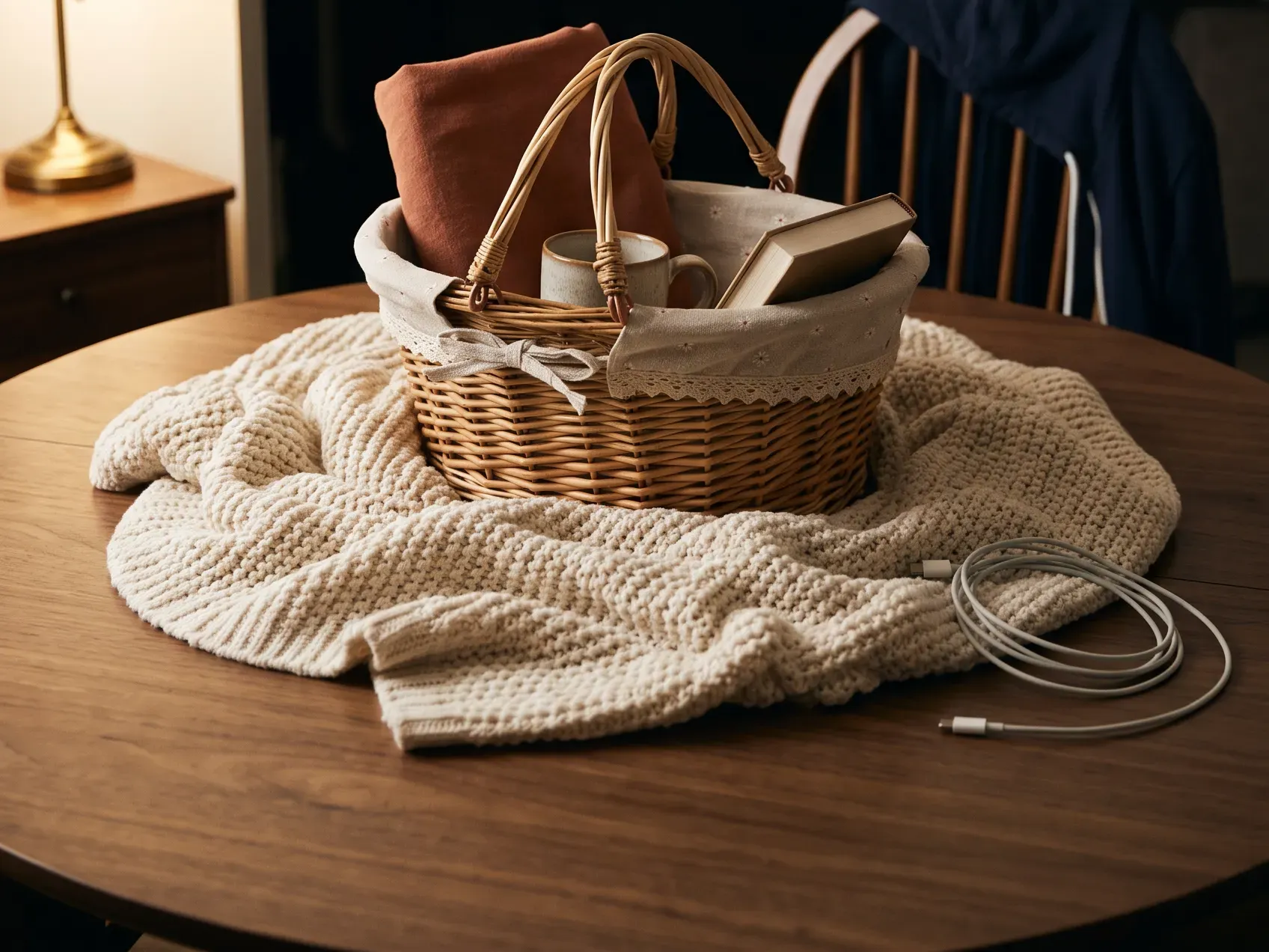 Empty lined wicker basket with a curved handle sitting on a wooden table beside folded fabric, the container for a cozy night in gift basket