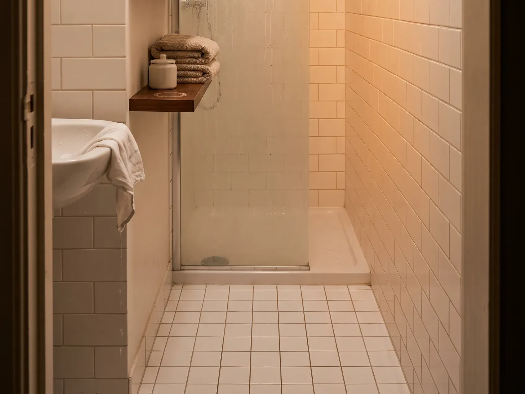 Small wooden bathroom shelf with folded towels and a jar beside a shower in soft evening light, the reset step of a cozy night in gift basket