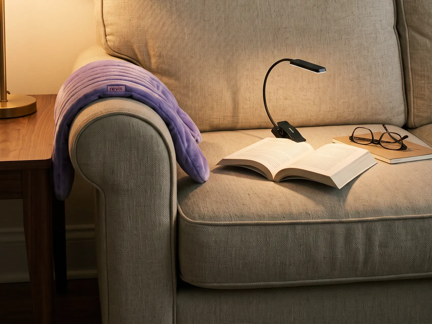 Clip-on reading light attached to an open paperback on a bed with a folded knit layer, the reading part of a cozy night in gift basket