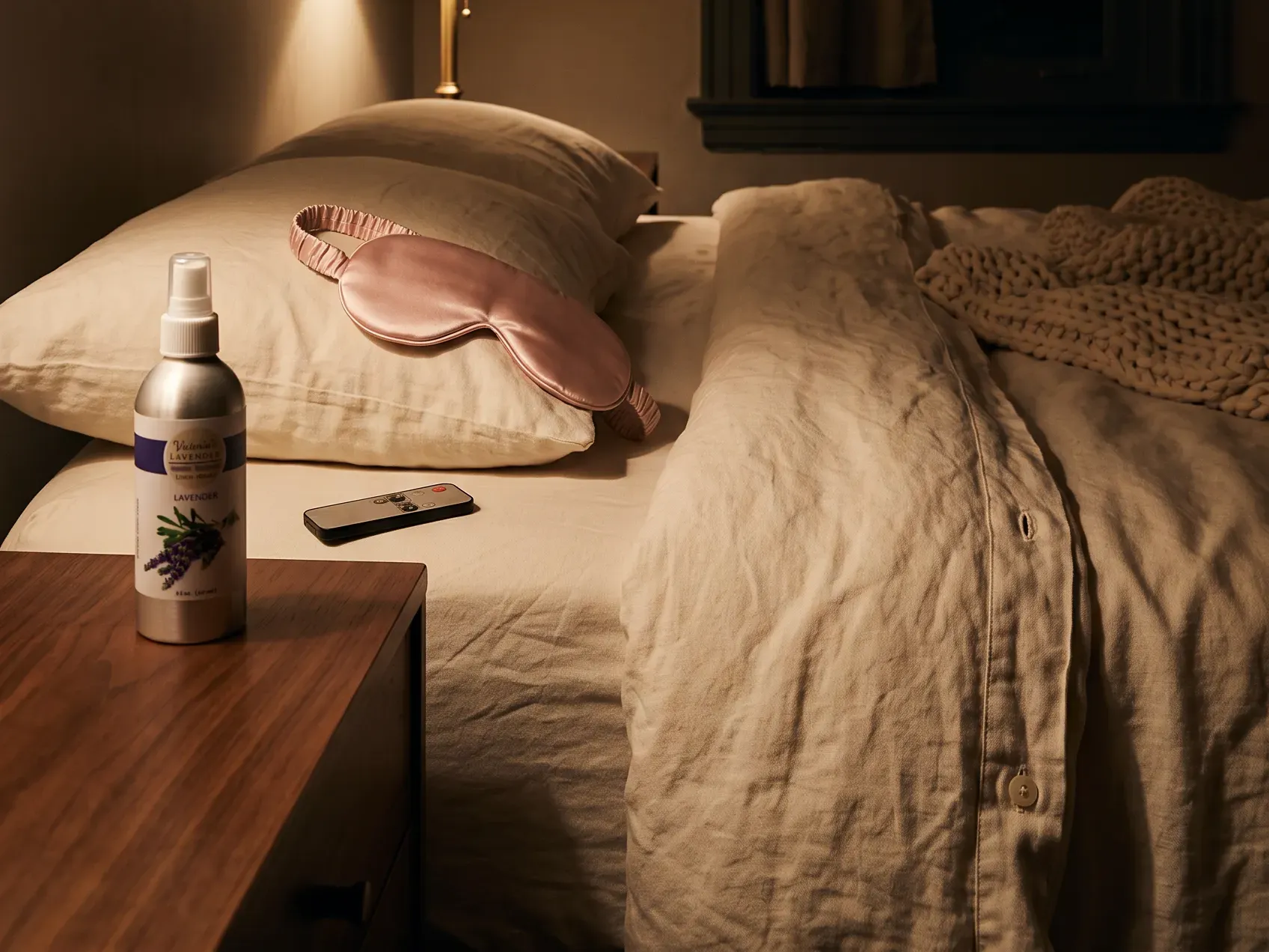 Silk sleep mask and a small spray bottle resting on a folded white pillow in dim bedroom light, the sleep half of a cozy night in gift basket