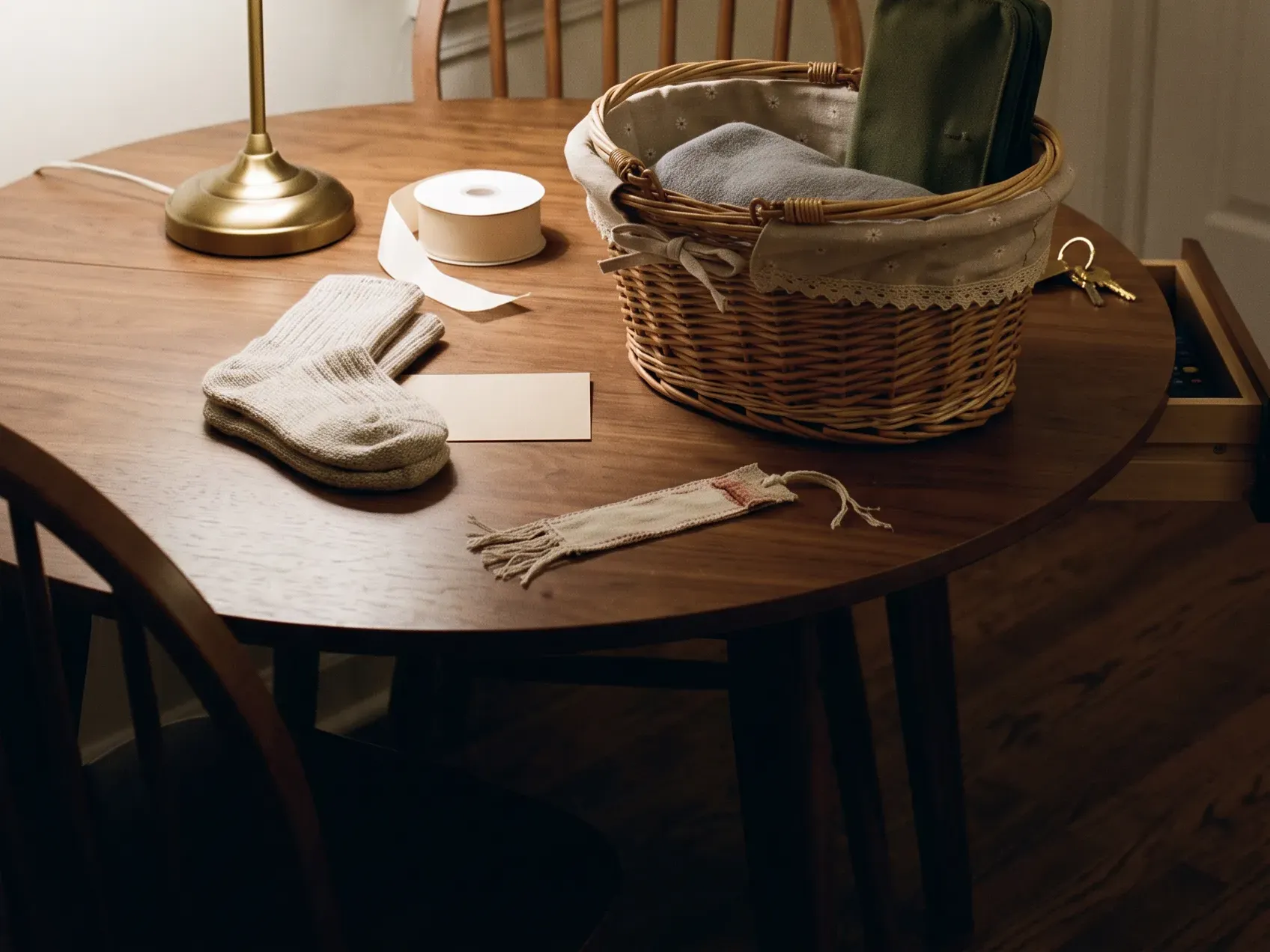 Packed wicker basket with items arranged tallest at the back and a folded layer lining the base, a finished cozy night in gift basket