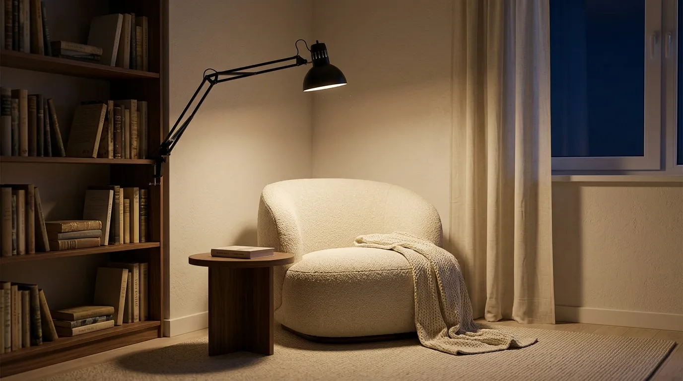 Reading corner in a small apartment at dusk with a warm clamp lamp arched over an armchair and a folded blanket, showing cozy reading nook essentials in place