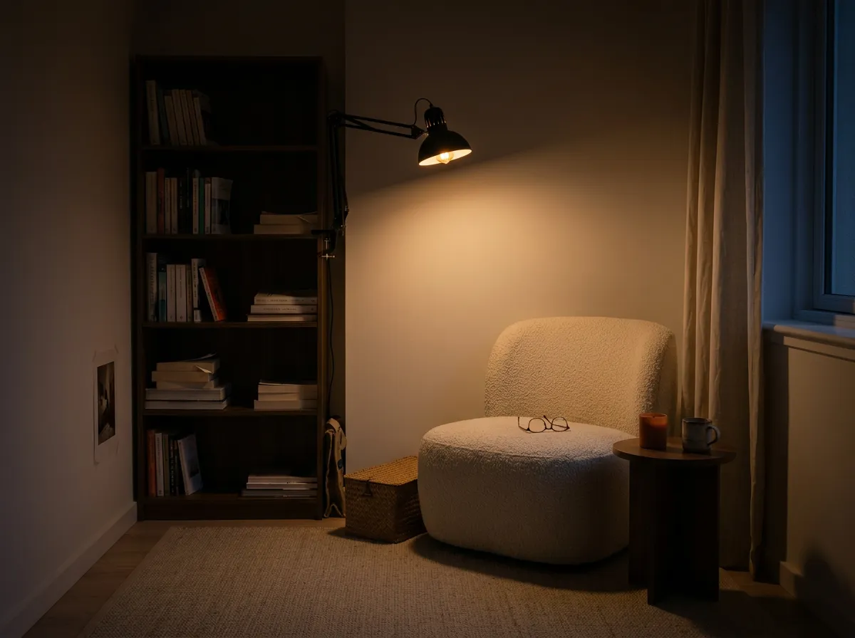 Black swing-arm clamp lamp gripping a bookshelf edge and glowing warm over an armchair, the first of the cozy reading nook essentials