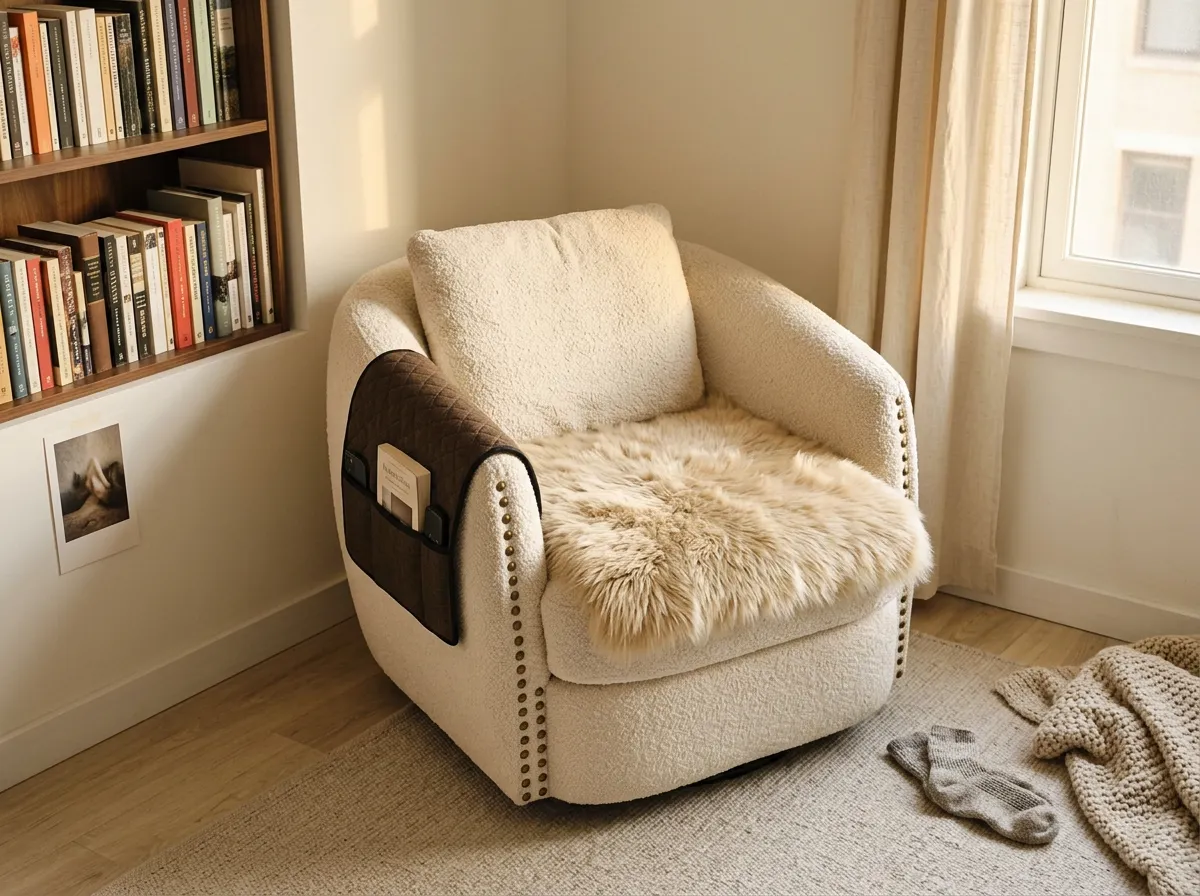 Beige faux sheepskin seat pad on a plain wooden chair with a book resting on the arm, a low-cost route to cozy reading nook essentials