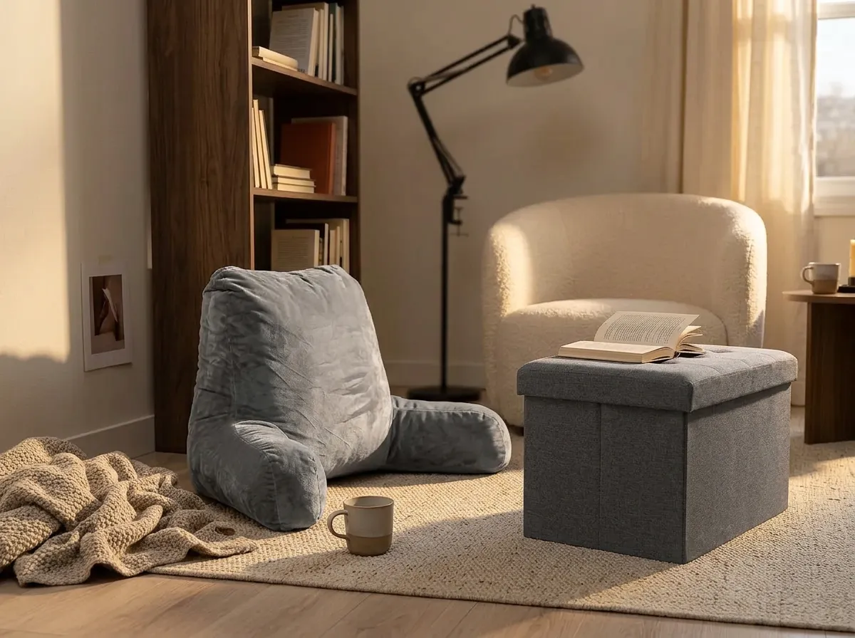 Grey backrest reading pillow with arms next to a folding storage ottoman used as a footrest, cozy reading nook essentials for a long sit