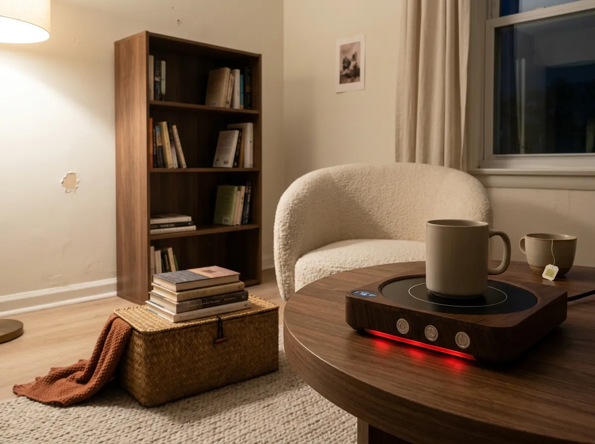 Wooden mug warmer plate holding a full mug beside a lidded rectangular seagrass basket of books, small cozy reading nook essentials that keep the floor clear