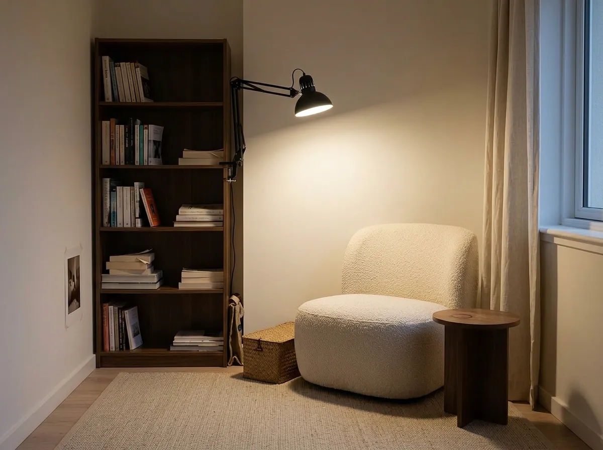 Pared-back reading corner lit by one warm clamp lamp with a single basket and no clutter, showing which cozy reading nook essentials are worth keeping