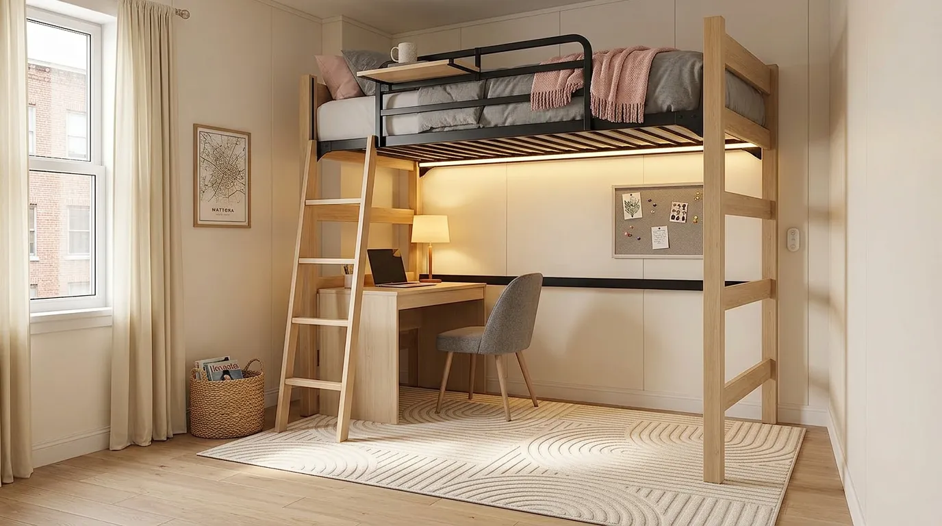 Wide view of a dorm room with a lofted bed, a beige rug and floor cushions underneath, and warm light along the frame, showing dorm room ideas for a lofted bed