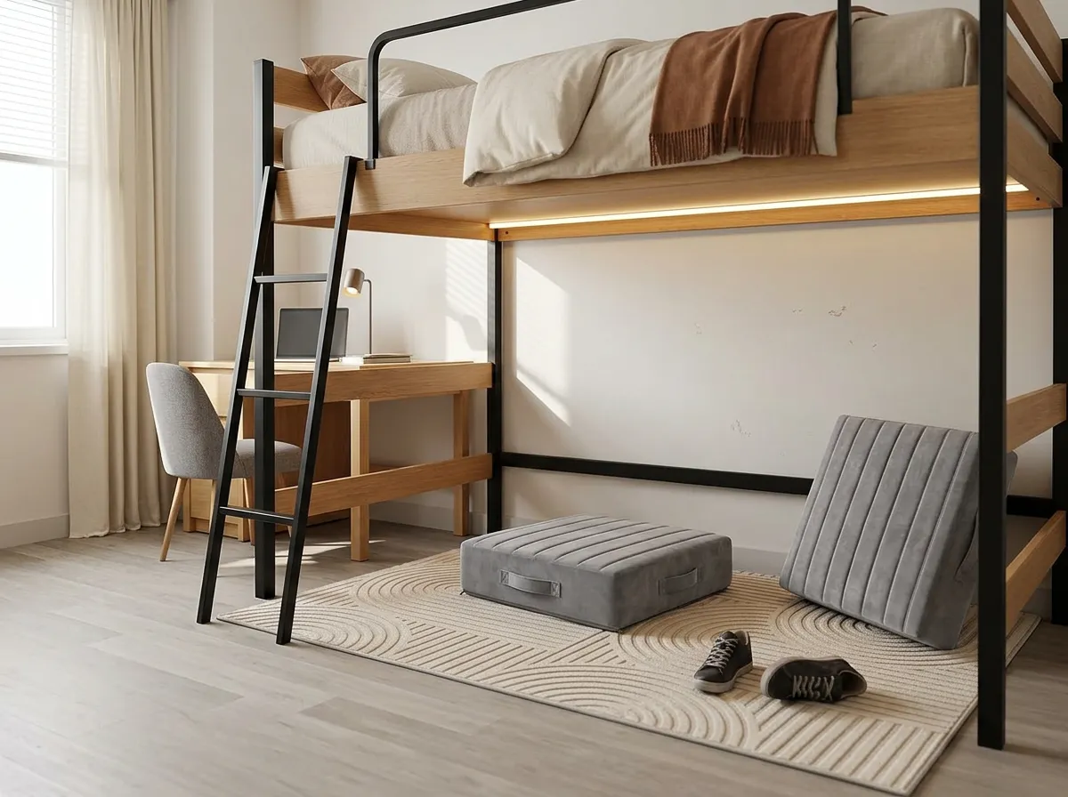 Beige low-pile rug and two grey floor cushions in the open space under a wooden lofted dorm bed, a starting point for dorm room ideas with a lofted bed