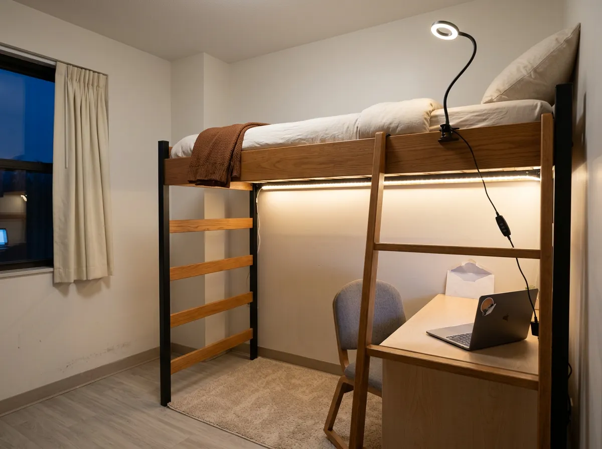 Warm LED strip glowing along the underside of a lofted dorm bed frame above a desk at night, loft bed lighting for dorm room ideas