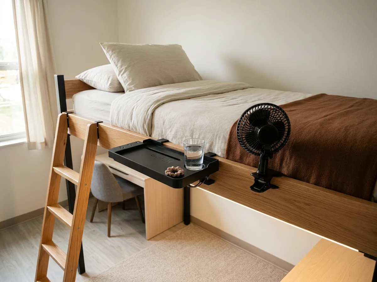 Clip-on bedside shelf with outlets and a small clip fan attached to the rail of a lofted dorm bed, practical dorm room ideas for a lofted bed