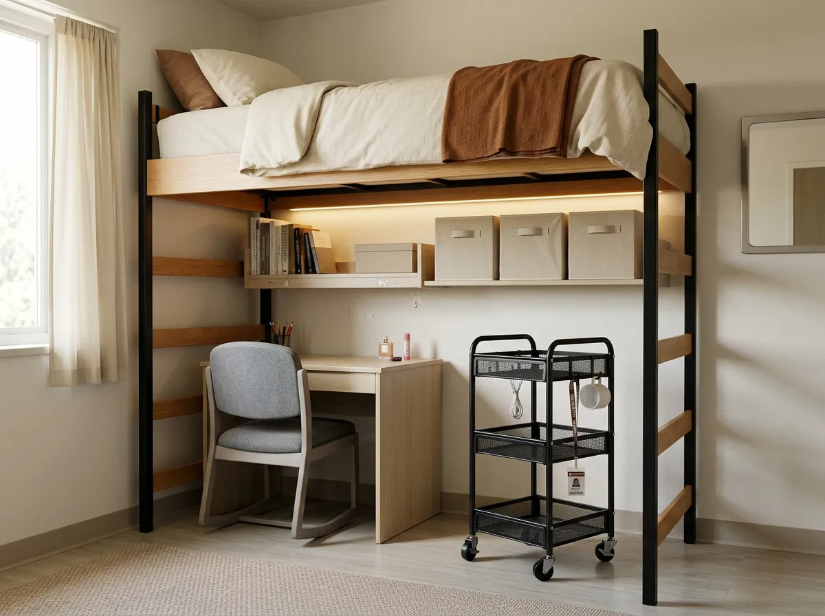 Three-tier black rolling cart parked under a lofted dorm bed beside beige fabric storage cubes, dorm loft bed storage ideas