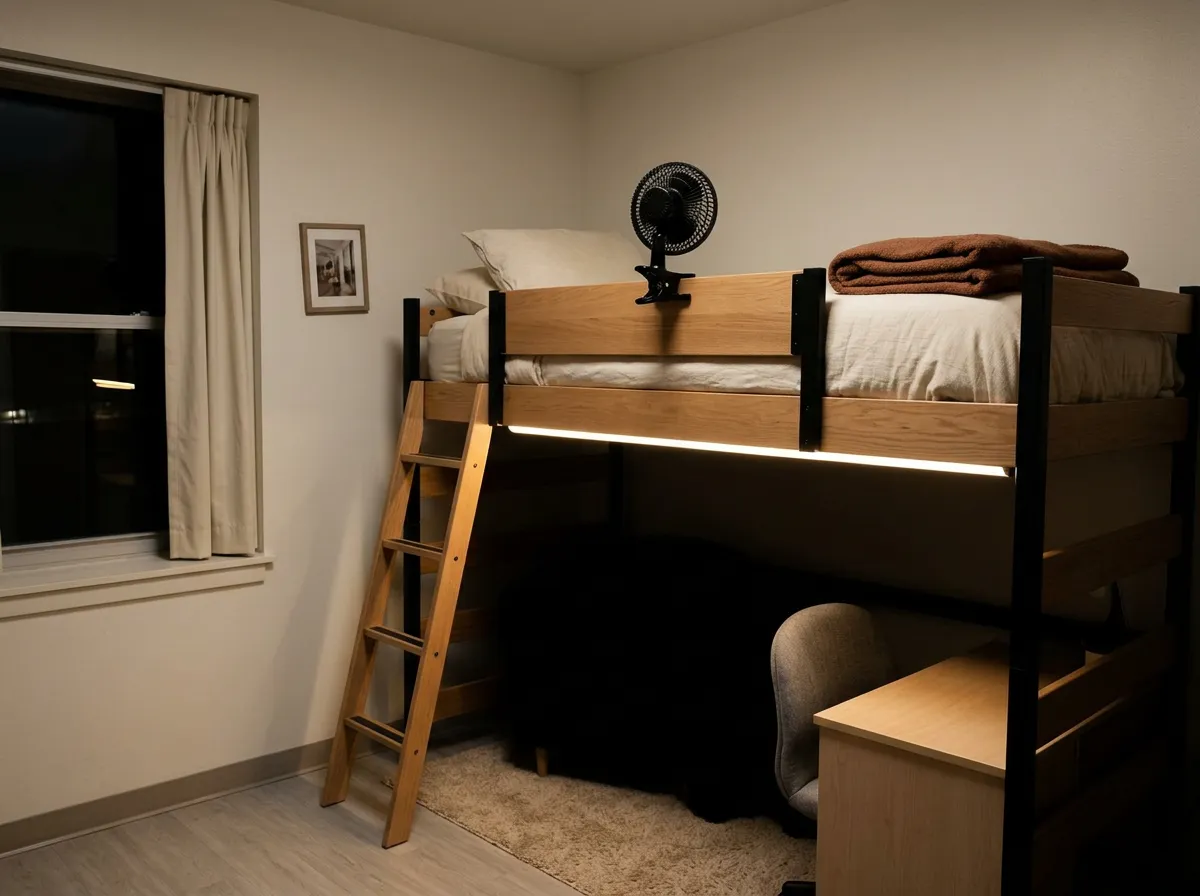 Dimmed warm light on a lofted dorm bed frame at night with the lounge zone lit below, privacy dorm room ideas for a lofted bed