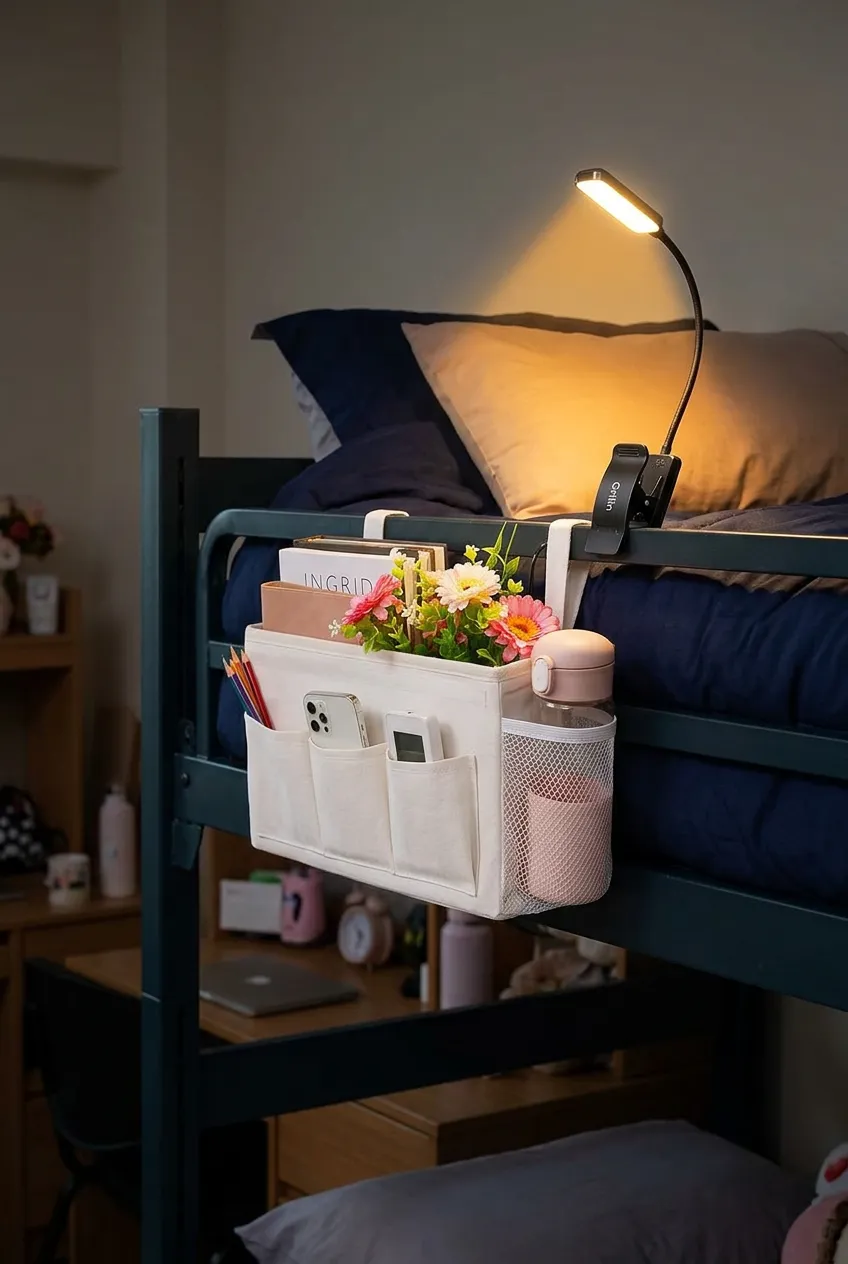 White bedside caddy organizer strapped to a bunk bed rail with a clip-on reading light casting warm amber glow, holding a phone, water bottle, and books, a simple dorm room organization fix for no nightstand