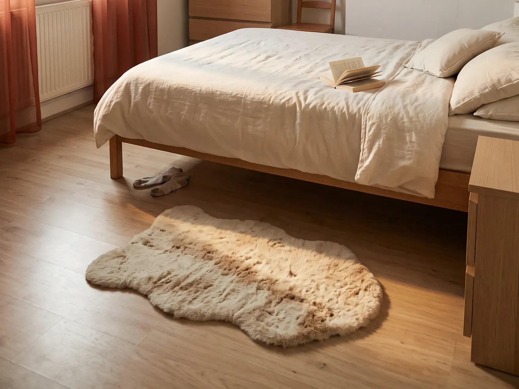 Sheepskin rug on the floor beside a bed with rust sheer curtains at the window behind it, a renter friendly approach to fall bedroom decor