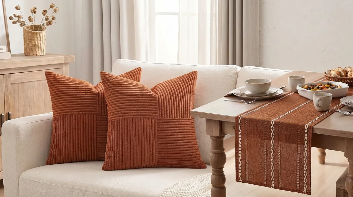 Small rented living room in late afternoon light with rust corduroy pillow covers on a pale sofa and dried grasses in a ribbed vase, a renter-friendly take on fall home decor