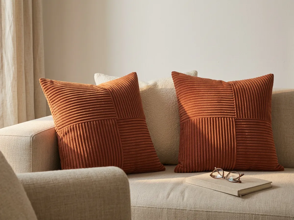Two rust corduroy pillow covers on a cream sofa in a small apartment living room, the quickest fall home decor swap for renters
