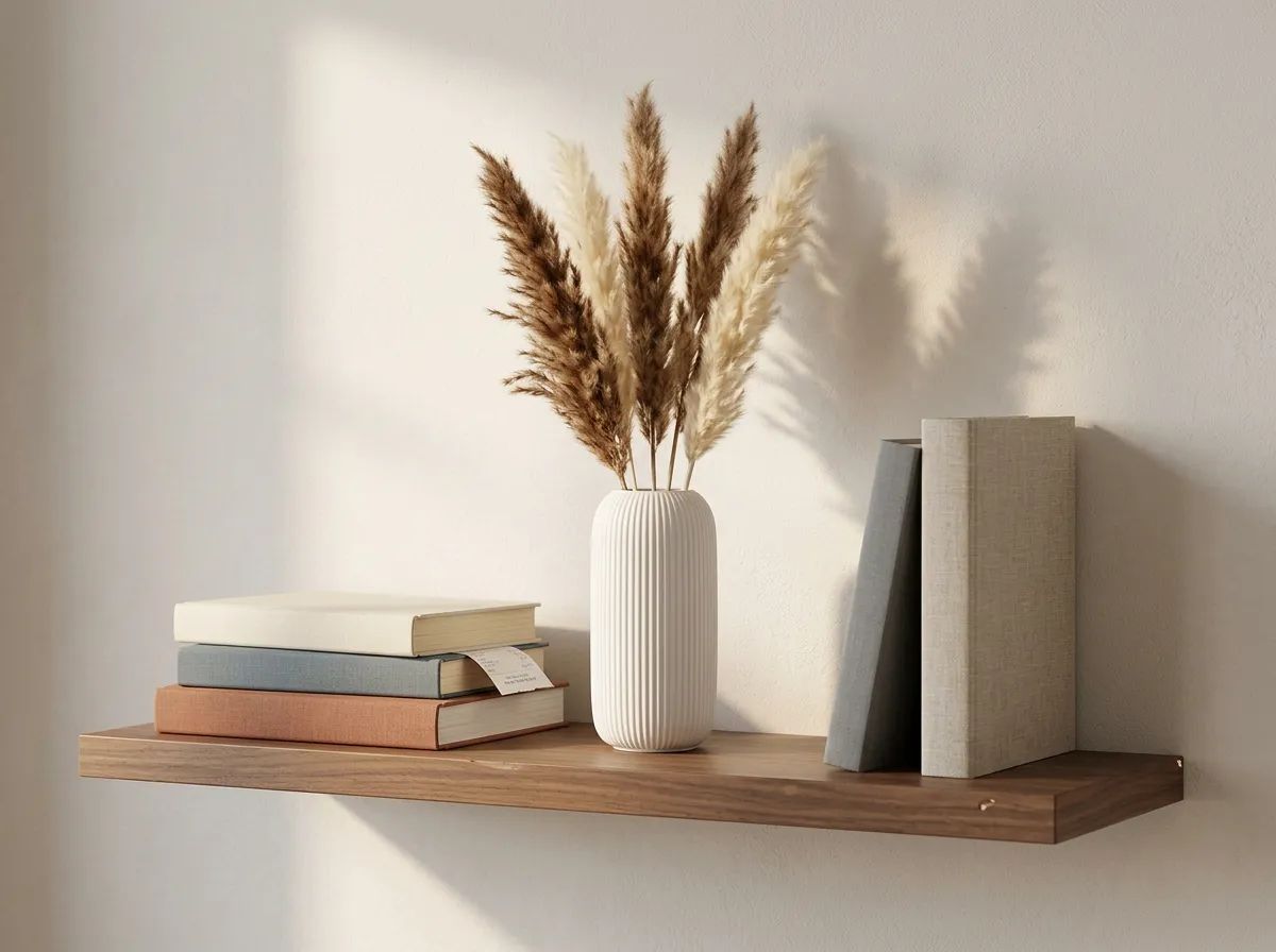 Dried brown and cream grasses arranged in a small white ribbed ceramic vase on a shelf, long-lasting fall home decor for a small apartment