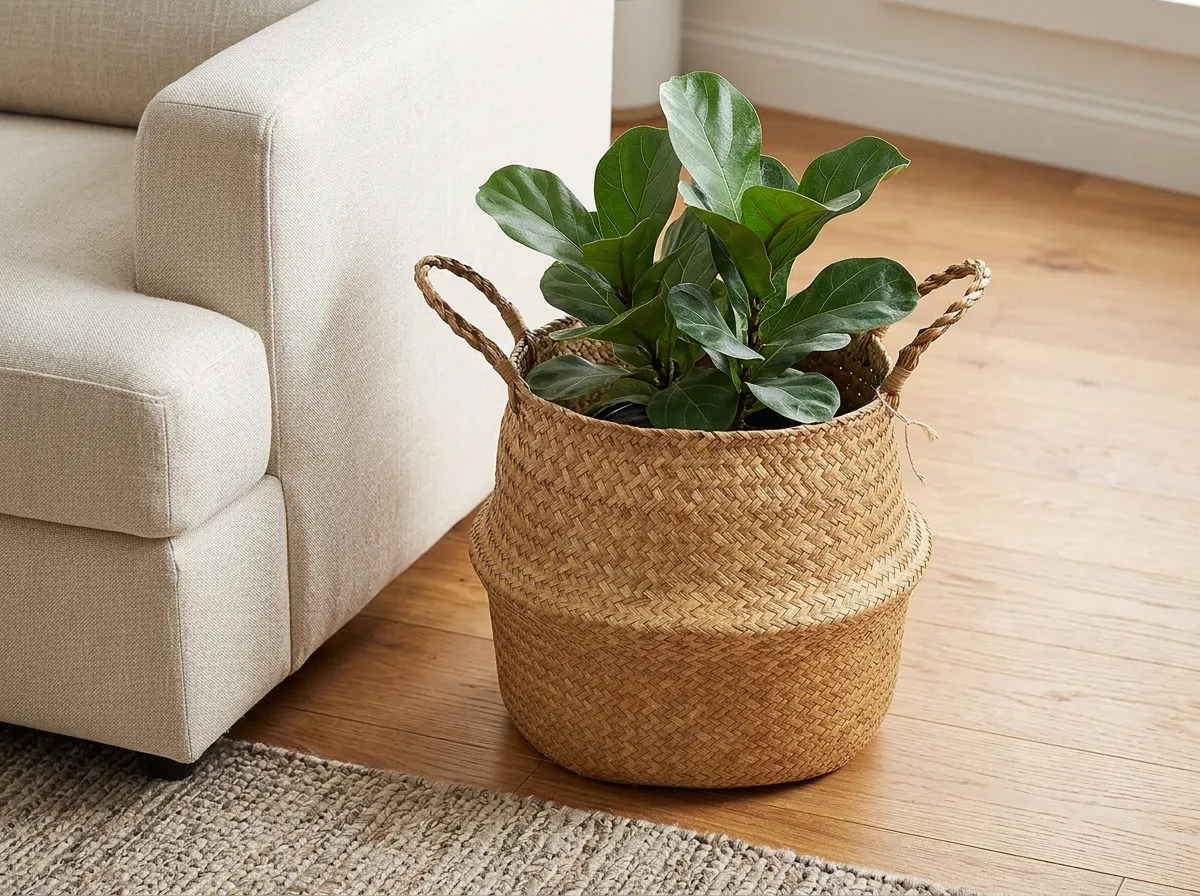 Woven seagrass belly basket holding a leafy plant beside a sofa in a rented apartment, adding natural fall home decor texture at floor level