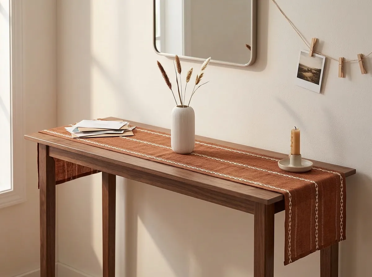 Caramel cotton linen runner on a narrow console table with a vase of dried grasses, fall home decor for an apartment with no dining table