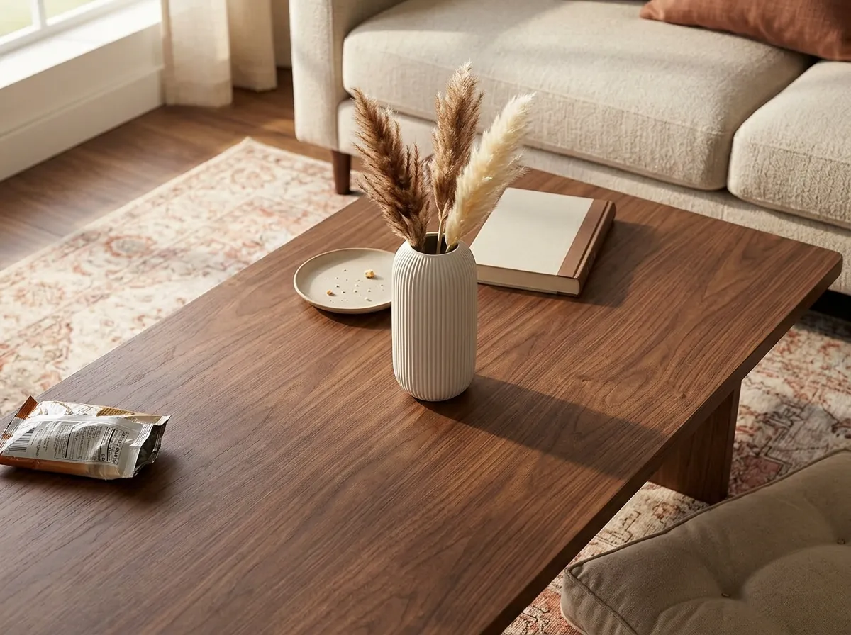 Bare shelf in a small apartment styled with only a ribbed vase and dried grasses, showing restrained fall home decor without seasonal props