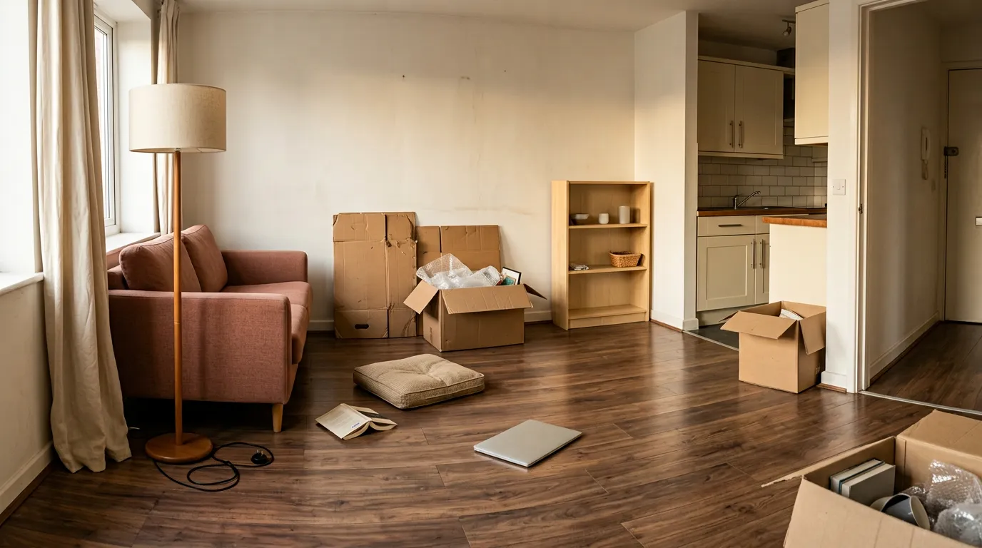 Small apartment kitchen with half unpacked boxes on the counter and a few new items set out, illustrating a first apartment checklist for new renters