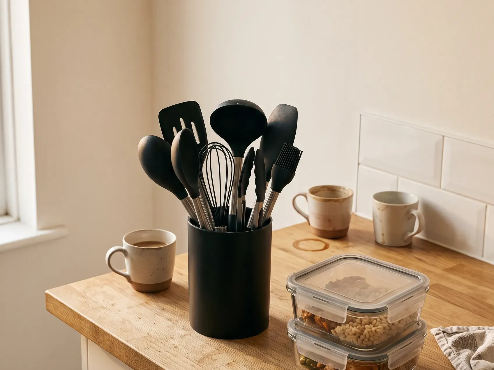 Silicone cooking utensils in a holder beside glass food containers on a small kitchen counter, kitchen items from a first apartment checklist