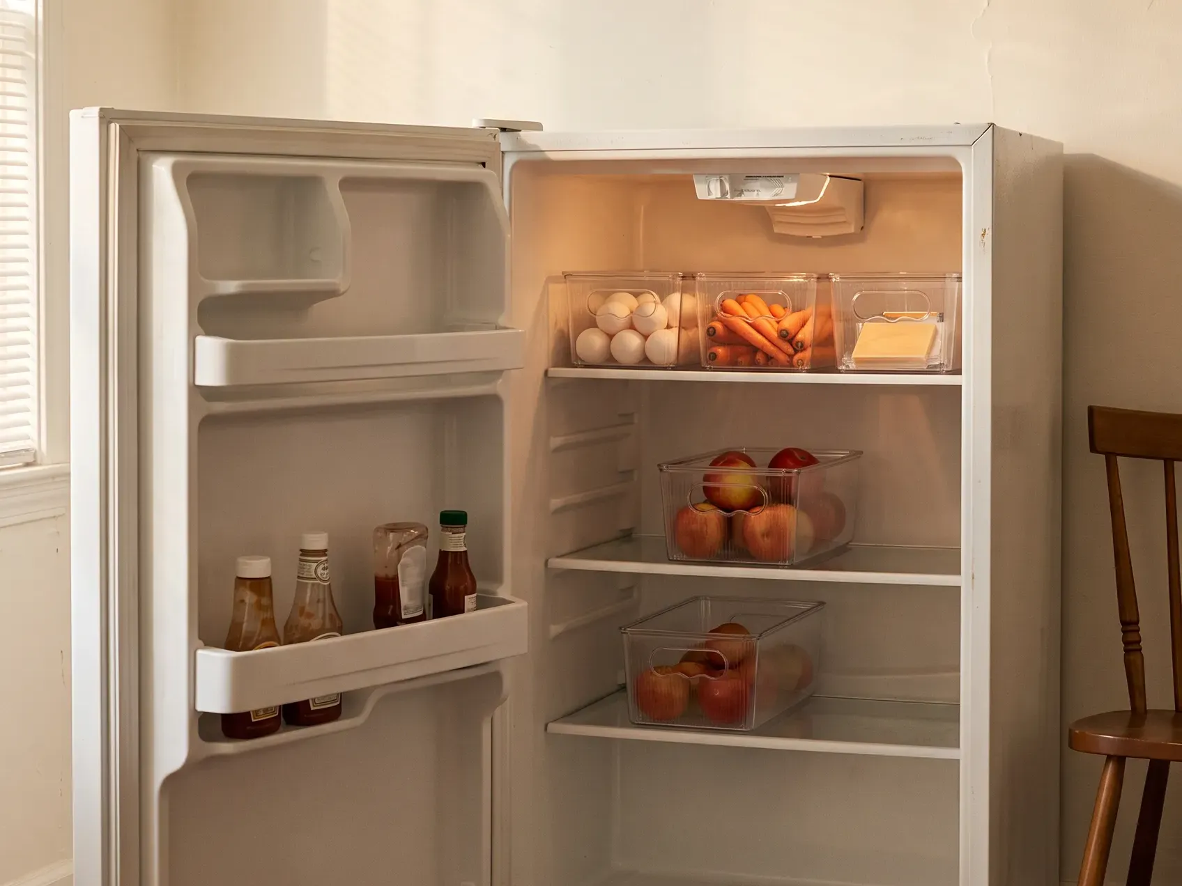 Clear stackable bins holding food inside an apartment refrigerator, a fridge organizing step on a first apartment checklist