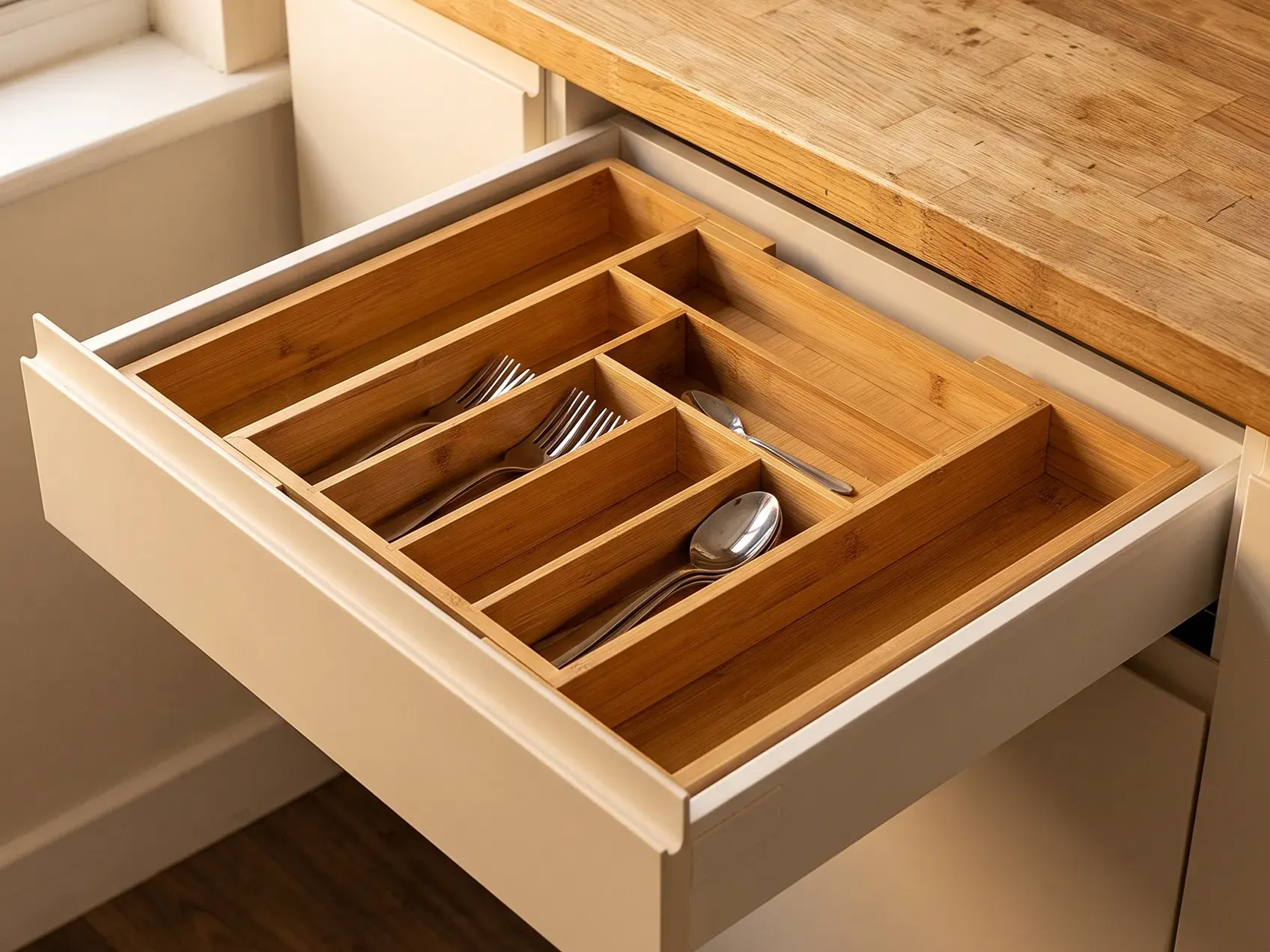 Bamboo expandable drawer organizer holding cutlery in an open kitchen drawer, a drawer step on a first apartment checklist