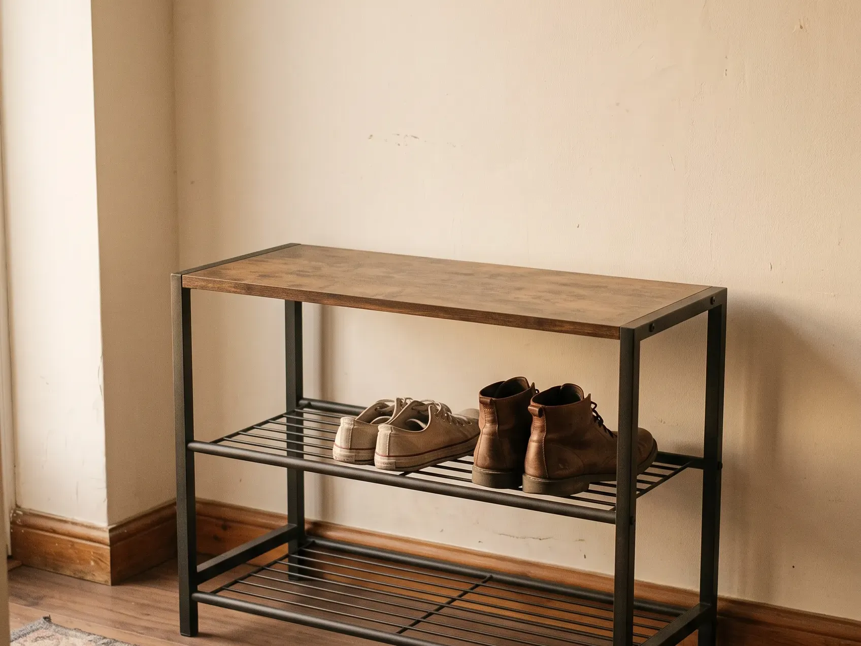 Narrow three tier shoe rack against the wall beside an apartment front door, an entryway item on a first apartment checklist