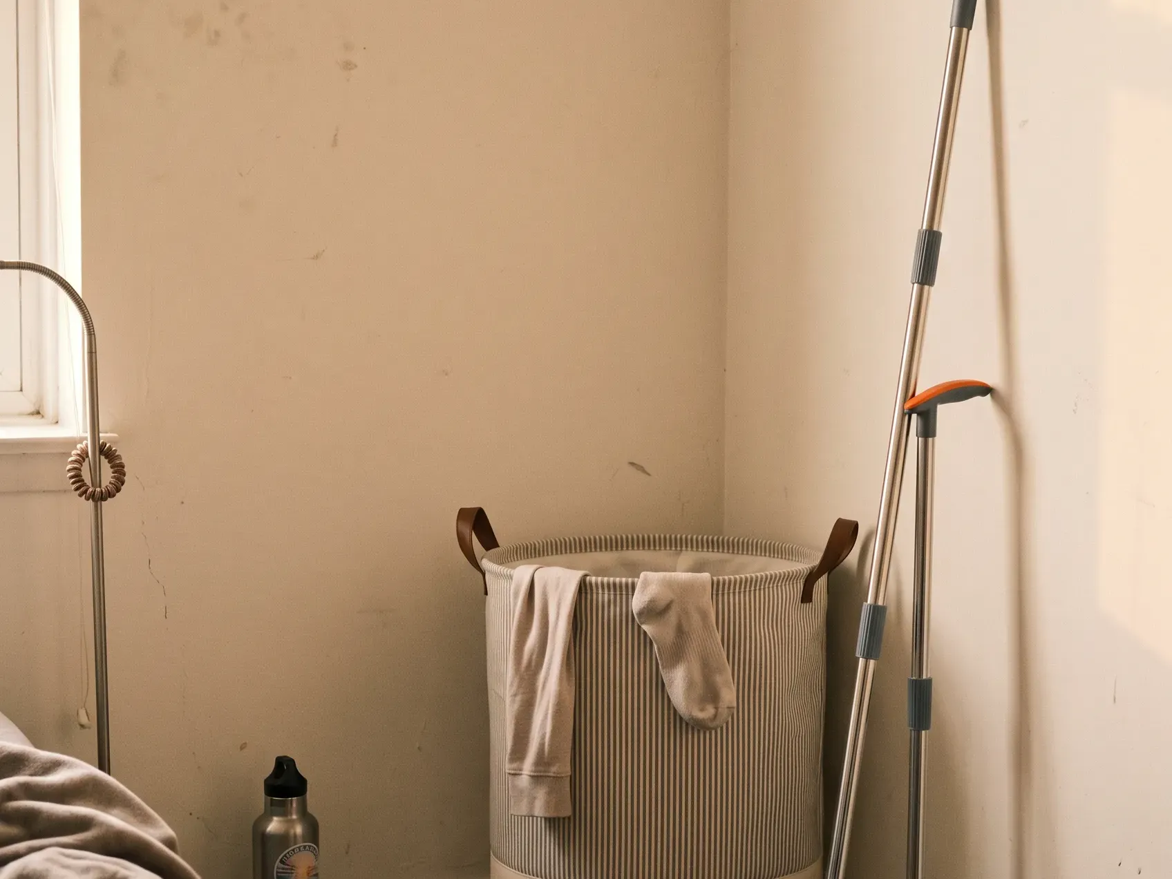 Broom and dustpan set standing beside a collapsible canvas laundry hamper in an apartment corner, cleaning supplies on a first apartment checklist