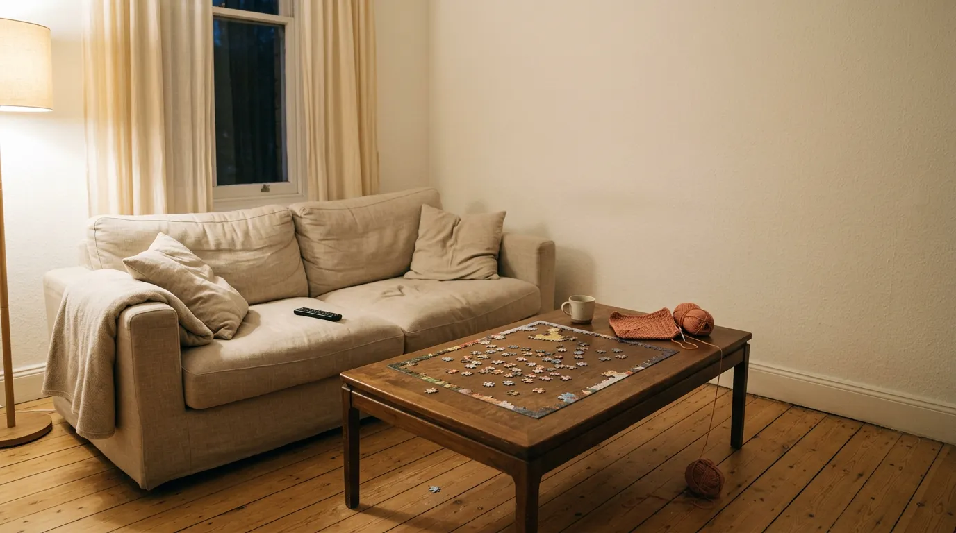 A half-built flower model, a puzzle in progress and a crochet project spread across a small living room table in warm evening light, gifts for homebodies in use